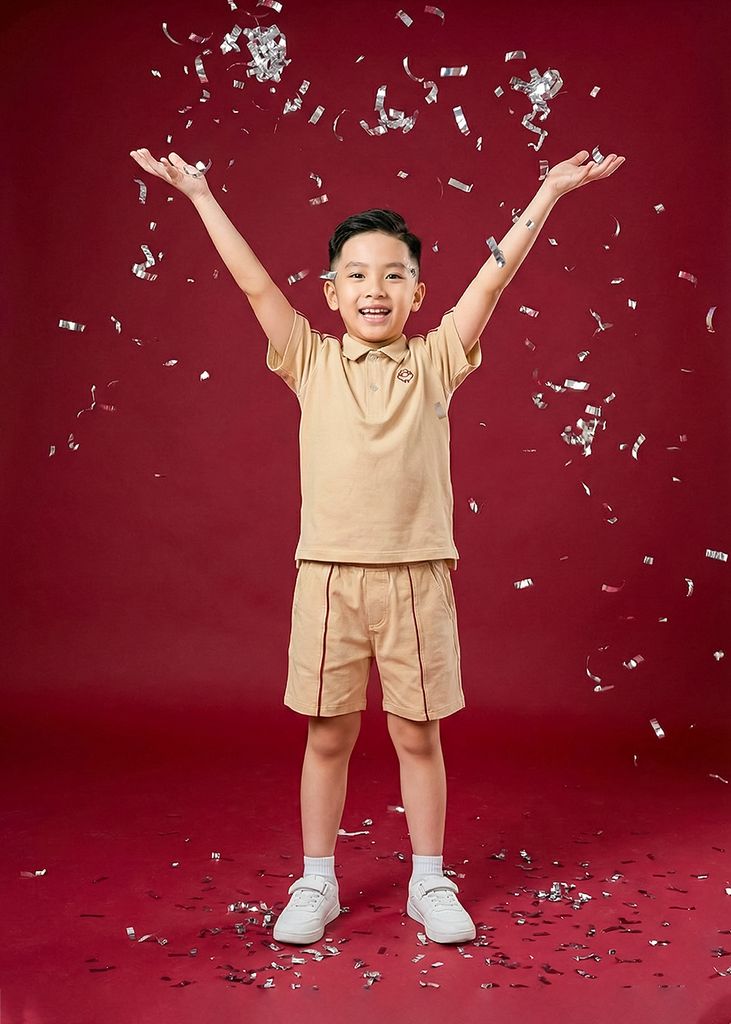 Set Polo Ngắn Tay Bé Trai Beige Viền Đỏ