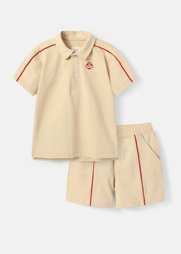 Set Polo Ngắn Tay Bé Trai Beige Viền Đỏ
