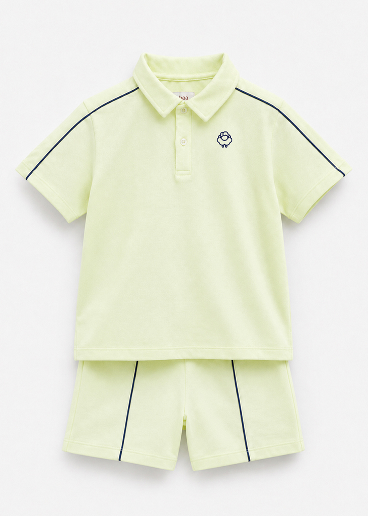 Set Polo Ngắn Tay Bé Trai Kem Viền Xanh Xám Thêu Logo
