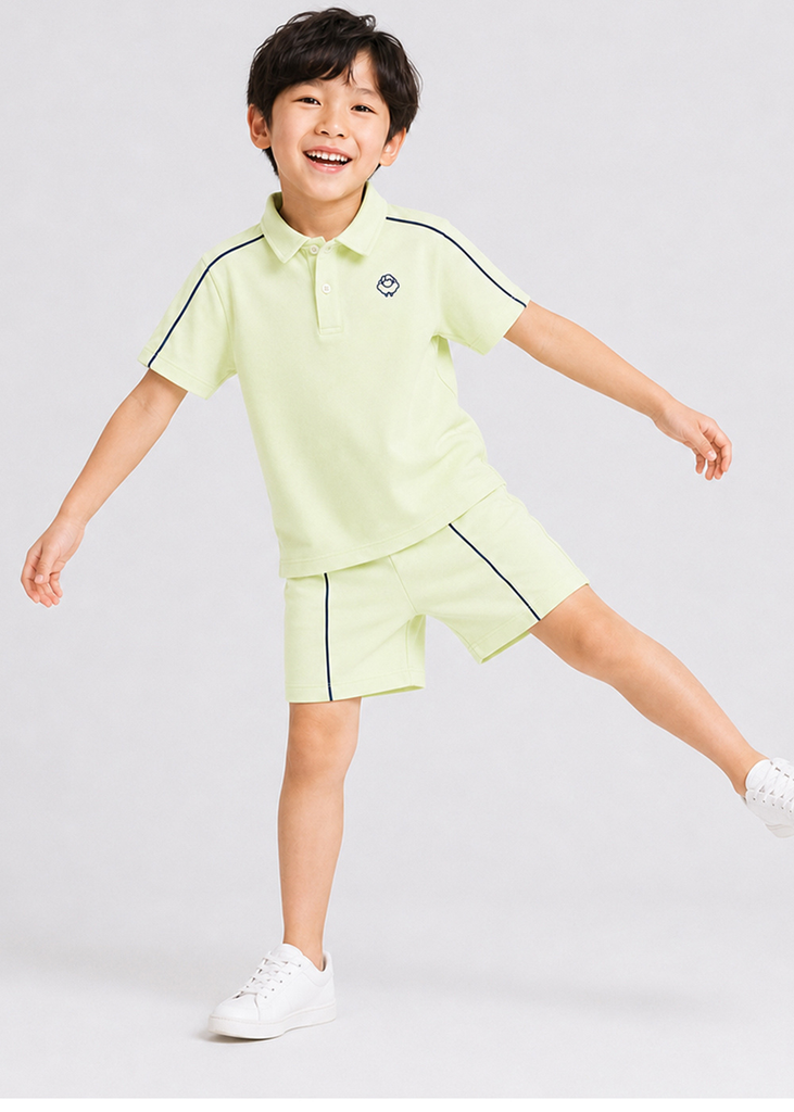 Set Polo Ngắn Tay Bé Trai Kem Viền Xanh Xám Thêu Logo