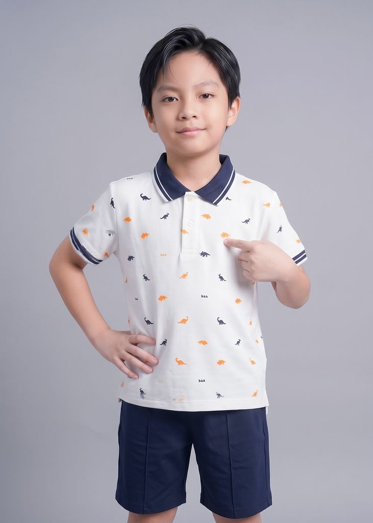 Set Polo Ngắn Tay Bé Trai Phối Trắng Hoạ Tiết Khủng Long Phối Navy