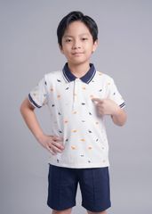 Set Polo Ngắn Tay Bé Trai Phối Trắng Hoạ Tiết Khủng Long Phối Navy