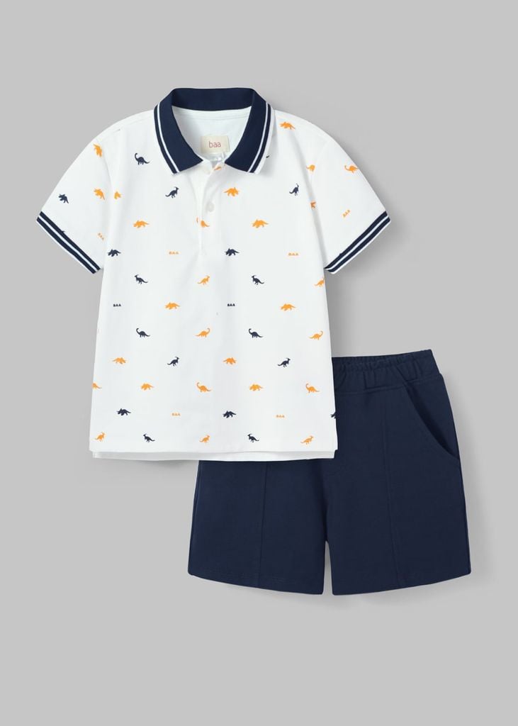 Set Polo Ngắn Tay Bé Trai Phối Trắng Hoạ Tiết Khủng Long Phối Navy