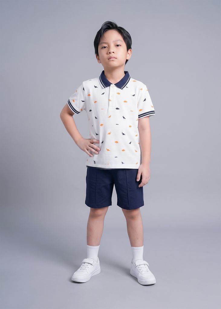 Set Polo Ngắn Tay Bé Trai Phối Trắng Hoạ Tiết Khủng Long Phối Navy