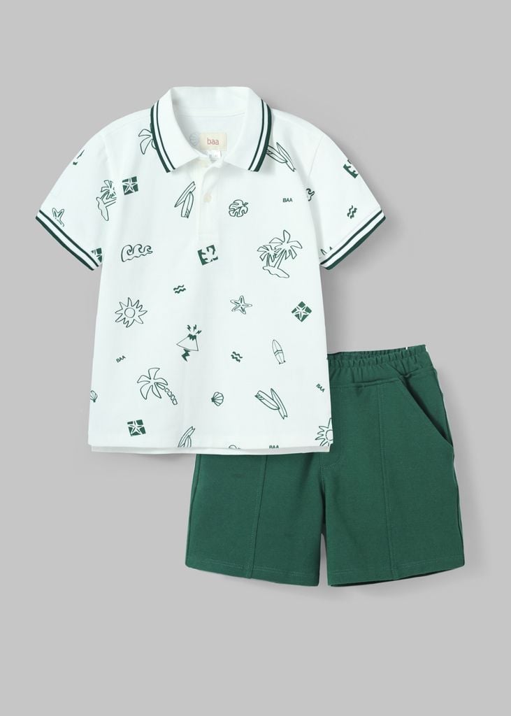 Set Polo Ngắn Tay Bé Trai Phối Trắng Hoạ Tiết Summer Phối Xanh Lá