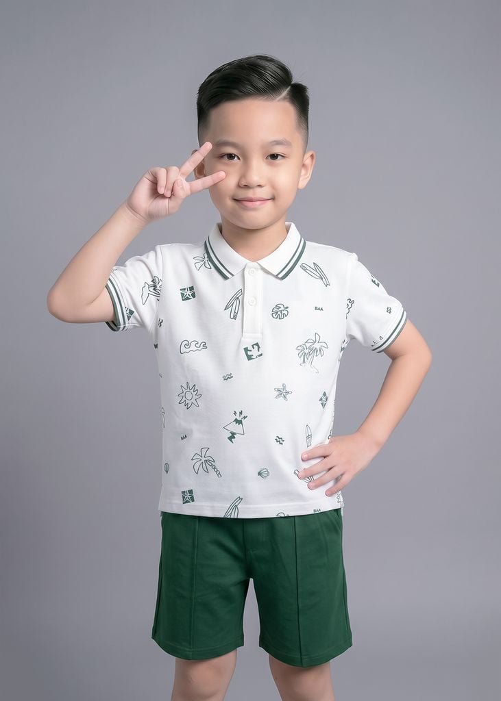 Set Polo Ngắn Tay Bé Trai Phối Trắng Hoạ Tiết Summer Phối Xanh Lá