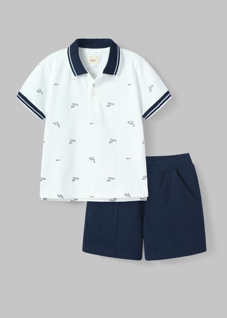 Set Polo Ngắn Tay Bé Trai Trắng Hoạ Tiết Cá Voi Phối Navy