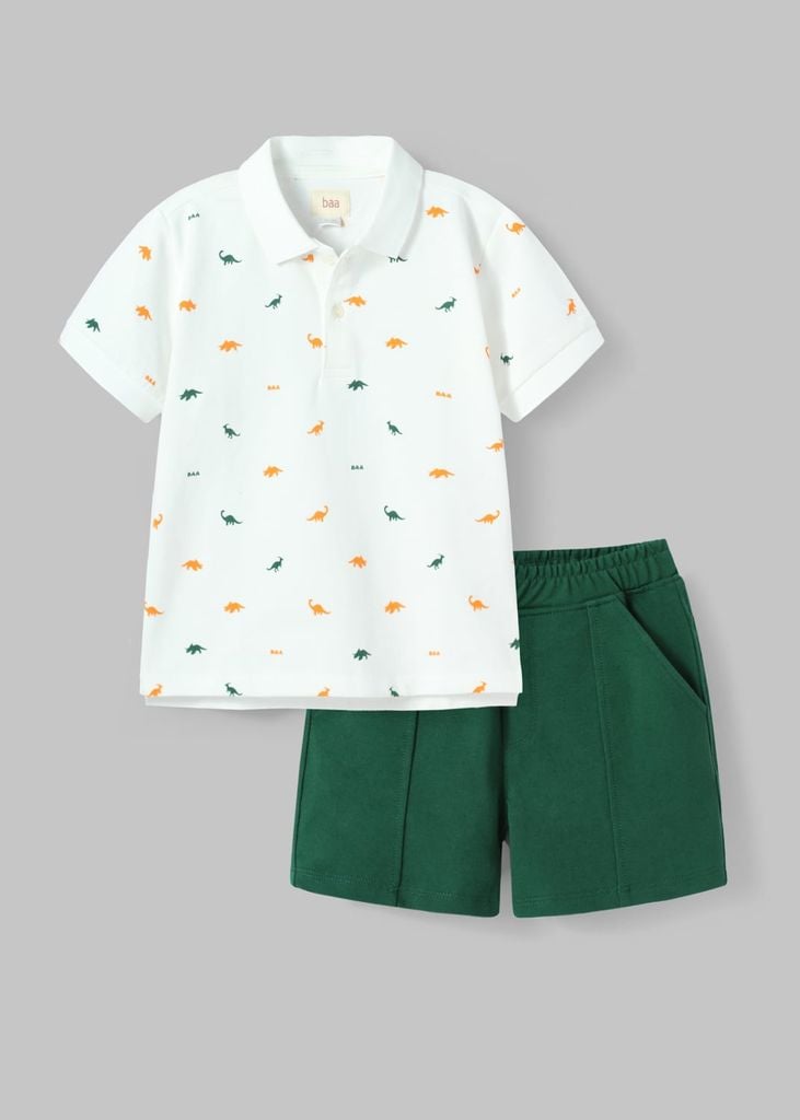 Set Polo Ngắn Tay Bé Trai Trắng Hoạ Tiết Khủng Long Phối Xanh Lá