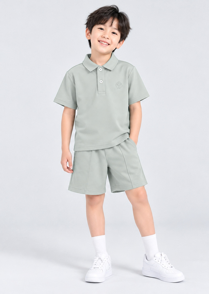 Set Polo Ngắn Tay Bé Trai Xám Thêu Logo