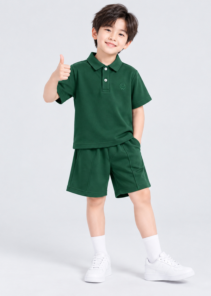 Set Polo Ngắn Tay Bé Trai Xanh Lá Thêu Logo