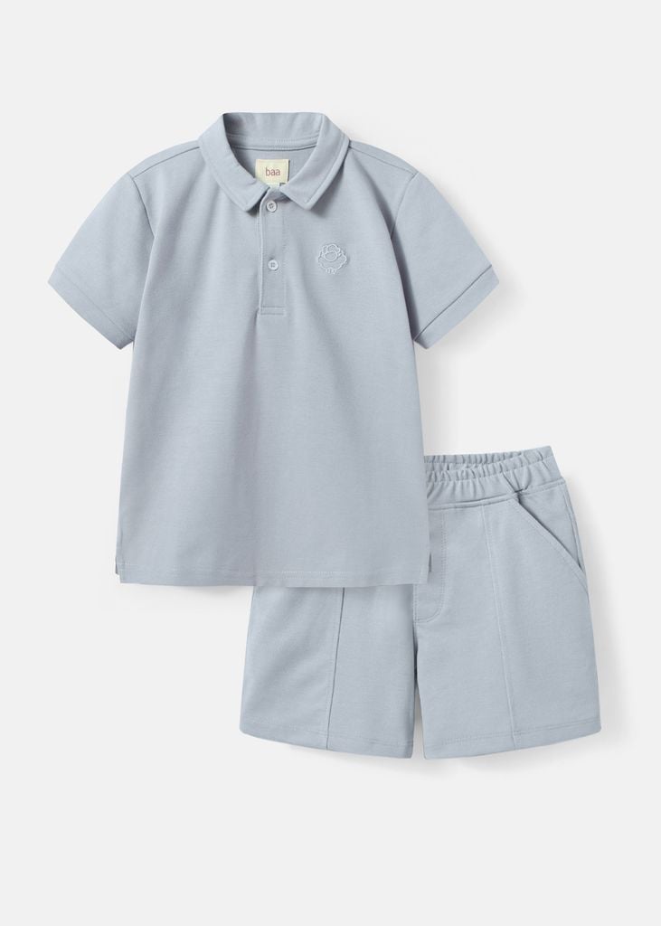 Set Polo Ngắn Tay Bé Trai Xanh Xám Thêu Logo