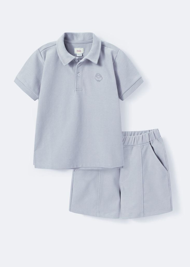 Set Polo Ngắn Tay Bé Trai Xanh Xám Thêu Logo