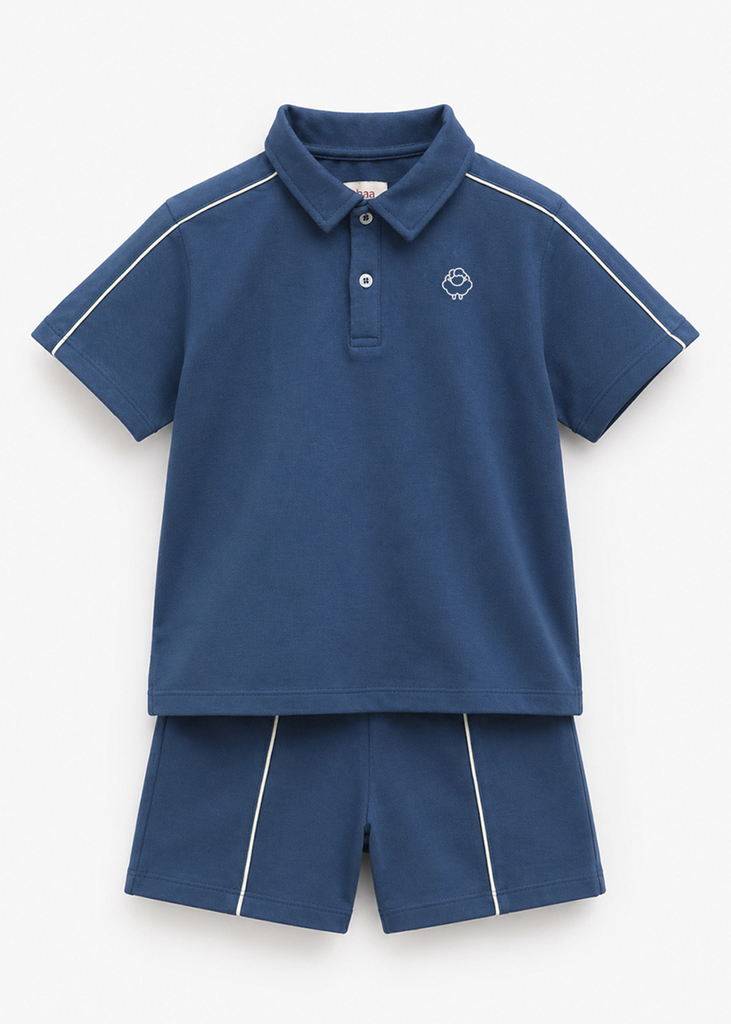 Set Polo Ngắn Tay Bé Trai Xanh Xám Viền Kem Thêu Logo