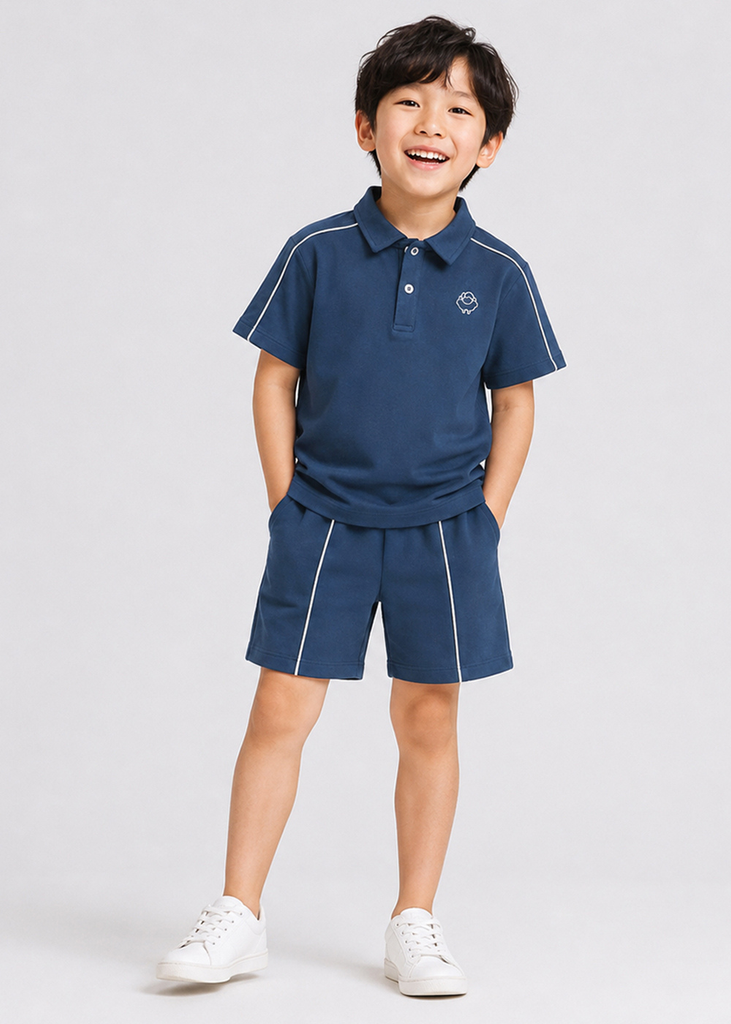 Set Polo Ngắn Tay Bé Trai Xanh Xám Viền Kem Thêu Logo
