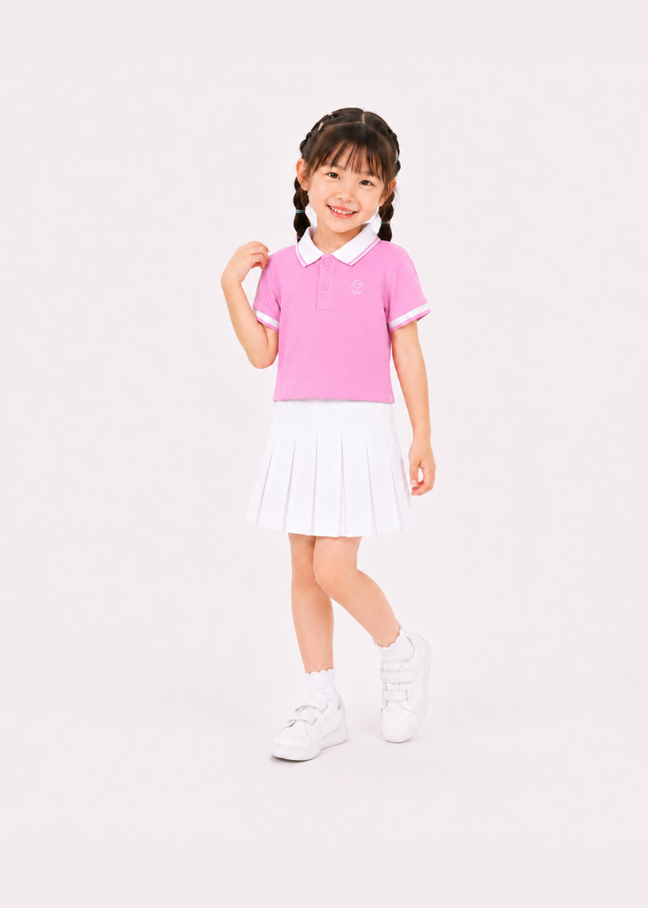 Set Polo Ngắn Tay & Chân Váy Xếp Ly Bé Gái Hồng Phối Trắng
