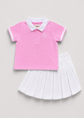 Set Polo Ngắn Tay & Chân Váy Xếp Ly Bé Gái Hồng Phối Trắng