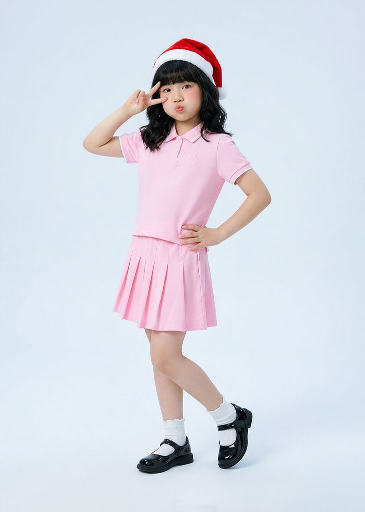 Set Polo Ngắn Tay & Chân Váy Xếp Ly Bé Gái Hồng Viền Trắng