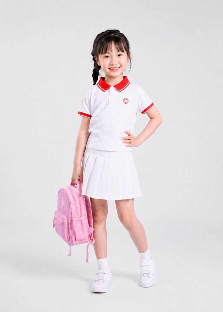 Set Polo Ngắn Tay & Chân Váy Xếp Ly Bé Gái Trắng Phối Đỏ*