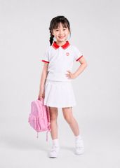 Set Polo Ngắn Tay & Chân Váy Xếp Ly Bé Gái Trắng Phối Đỏ*