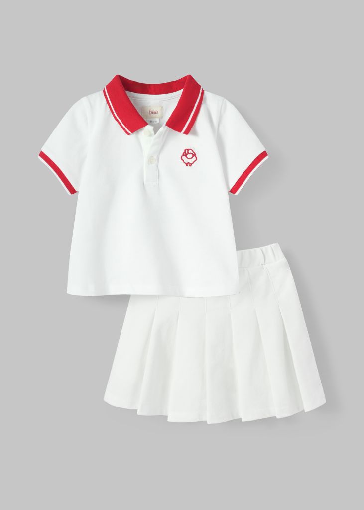 Set Polo Ngắn Tay & Chân Váy Xếp Ly Bé Gái Trắng Phối Đỏ*