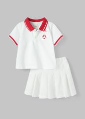 Set Polo Ngắn Tay & Chân Váy Xếp Ly Bé Gái Trắng Phối Đỏ*