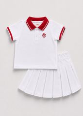 Set Polo Ngắn Tay & Chân Váy Xếp Ly Bé Gái Trắng Phối Đỏ*