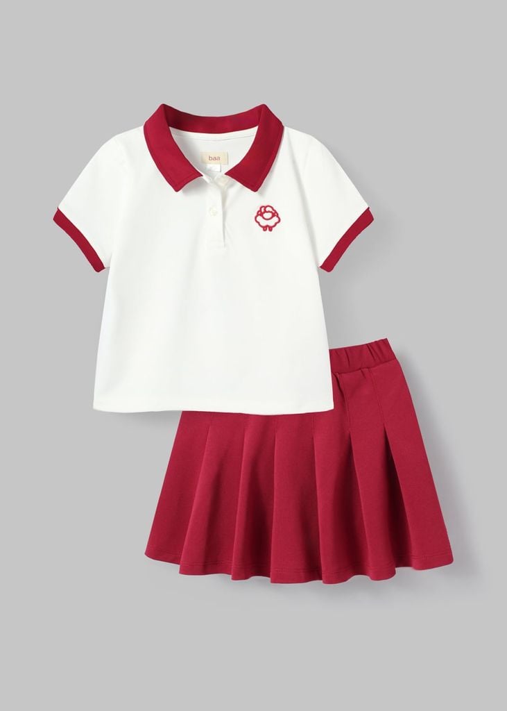 Set Polo Ngắn Tay & Chân Váy Xếp Ly Bé Gái Trắng Phối Đỏ
