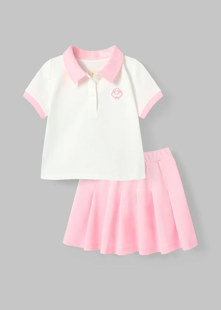 Set Polo Ngắn Tay & Chân Váy Xếp Ly Bé Gái Trắng Phối Hồng