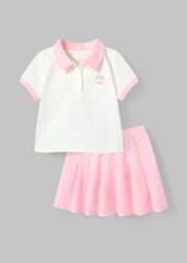 Set Polo Ngắn Tay & Chân Váy Xếp Ly Bé Gái Trắng Phối Hồng