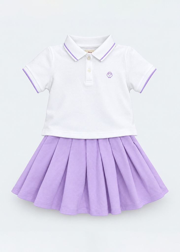 Set Polo Ngắn Tay & Chân Váy Xếp Ly Bé Gái Trắng Phối Tím