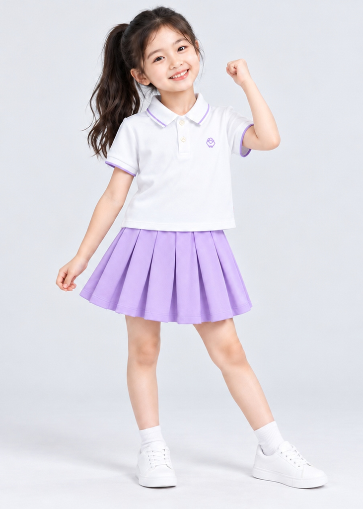 Set Polo Ngắn Tay & Chân Váy Xếp Ly Bé Gái Trắng Phối Tím