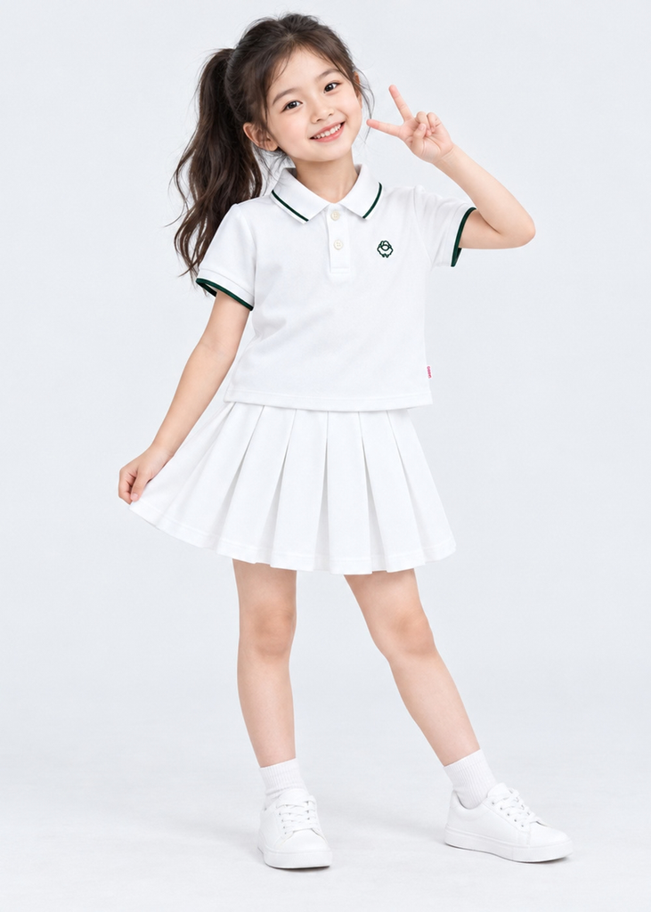 Set Polo Ngắn Tay & Chân Váy Xếp Ly Bé Gái Trắng Viền Xanh Lá