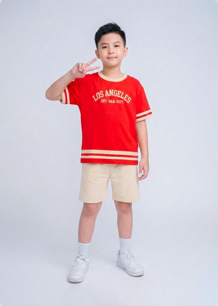 Set Thun Form Rộng Bé Trai Đỏ Los Angeles Phối Be
