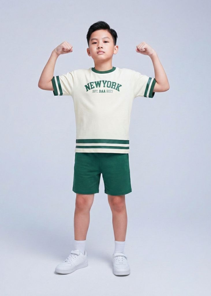 Set Thun Form Rộng Bé Trai Trắng Kem New York Phối Xanh