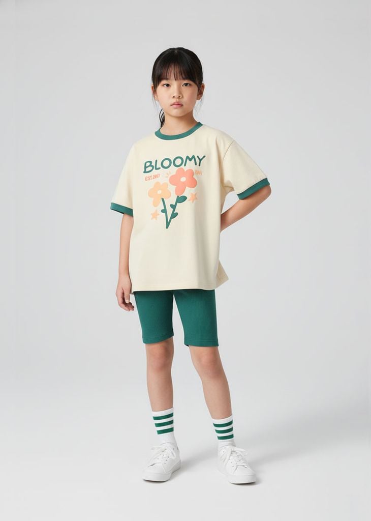 Set Thun Form Rộng Phối Quần Biker Bé Gái Be Hoa Xinh