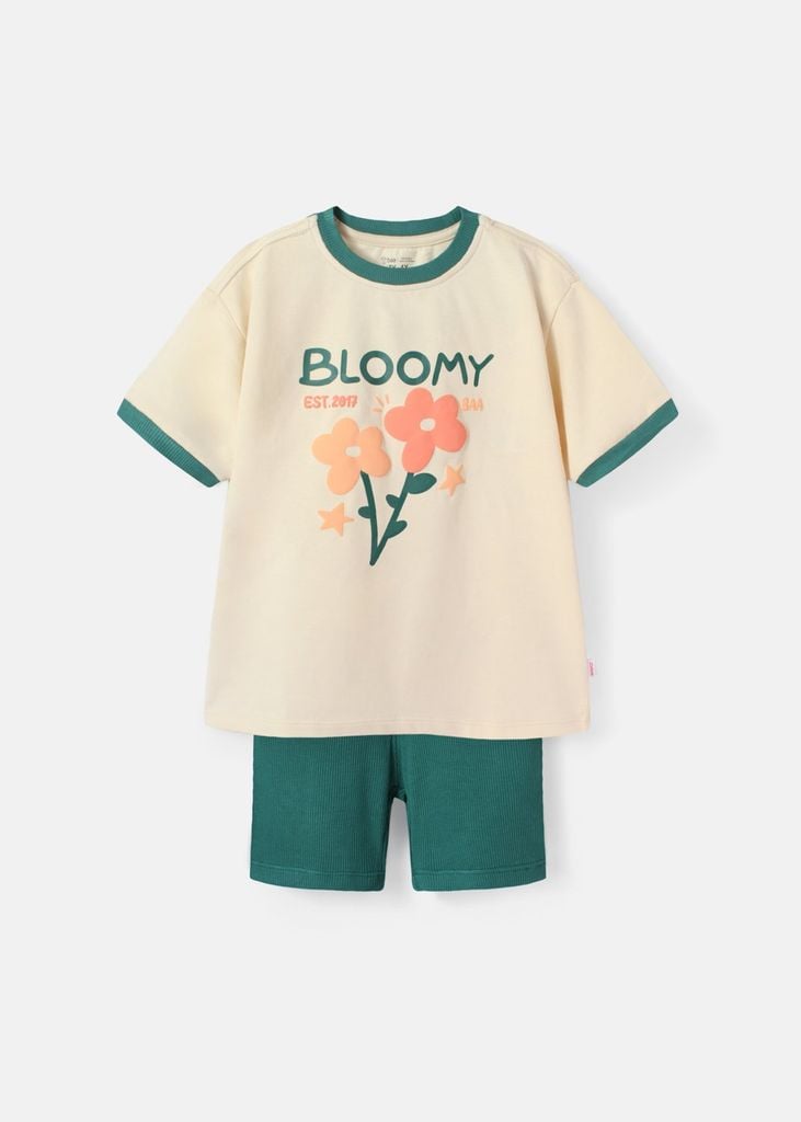 Set Thun Form Rộng Phối Quần Biker Bé Gái Be Hoa Xinh