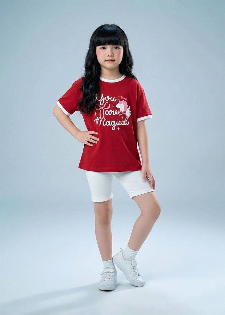 Set Thun Form Rộng Phối Quần Biker Bé Gái Đỏ Unicorn Phối Kem
