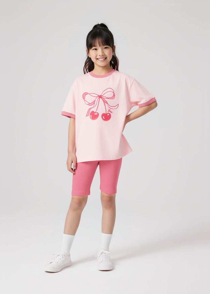 Set Thun Form Rộng Phối Quần Biker Bé Gái Hồng Cherry