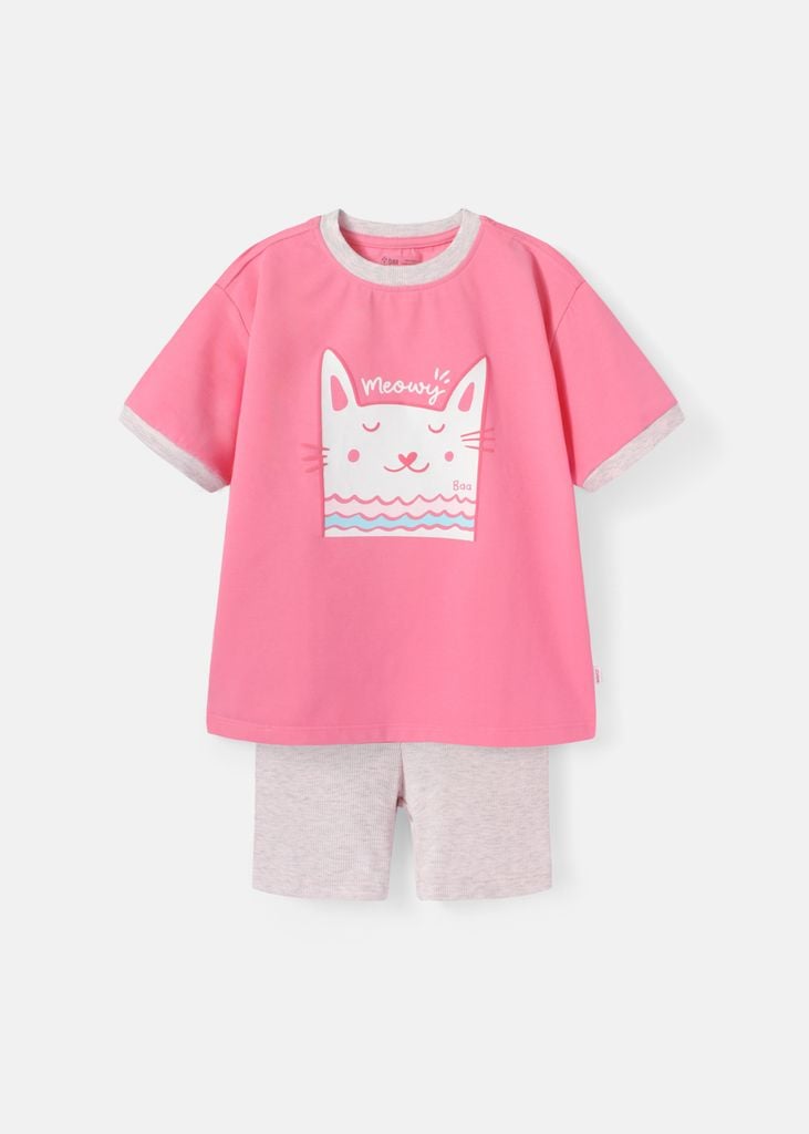 Set Thun Form Rộng Phối Quần Biker Bé Gái Hồng Mèo Xinh