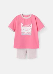 Set Thun Form Rộng Phối Quần Biker Bé Gái Hồng Mèo Xinh