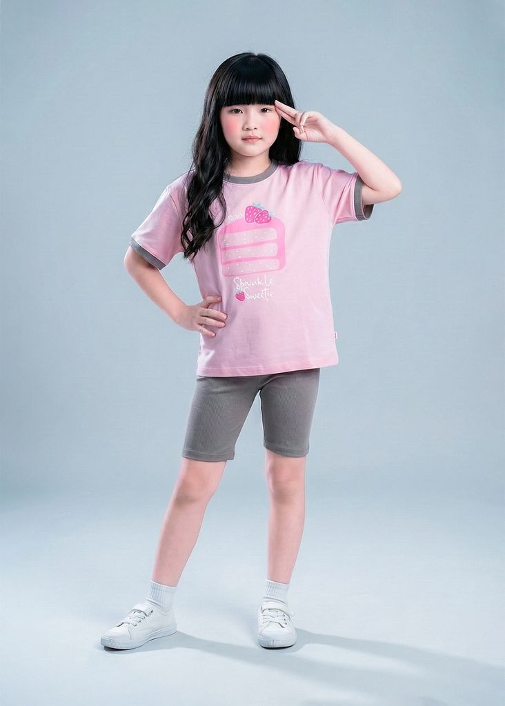 Set Thun Form Rộng Phối Quần Biker Bé Gái Hồng Sweetie Cake Phối Xám