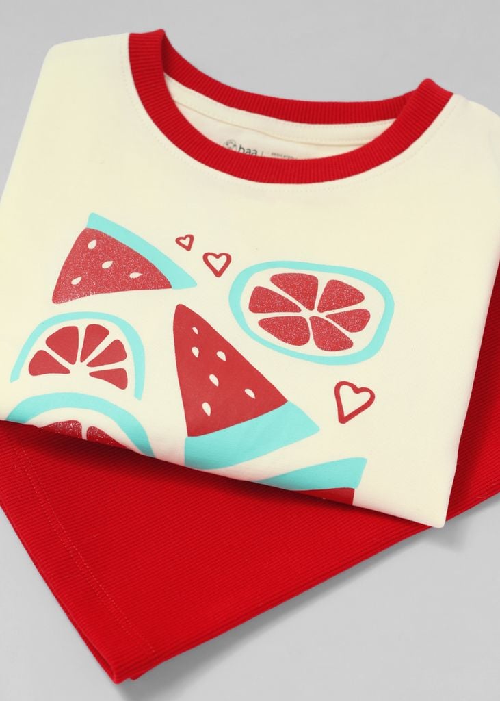 Set Thun Form Rộng Phối Quần Biker Bé Gái Kem Dưa Hấu Phối Đỏ