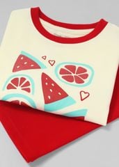 Set Thun Form Rộng Phối Quần Biker Bé Gái Kem Dưa Hấu Phối Đỏ