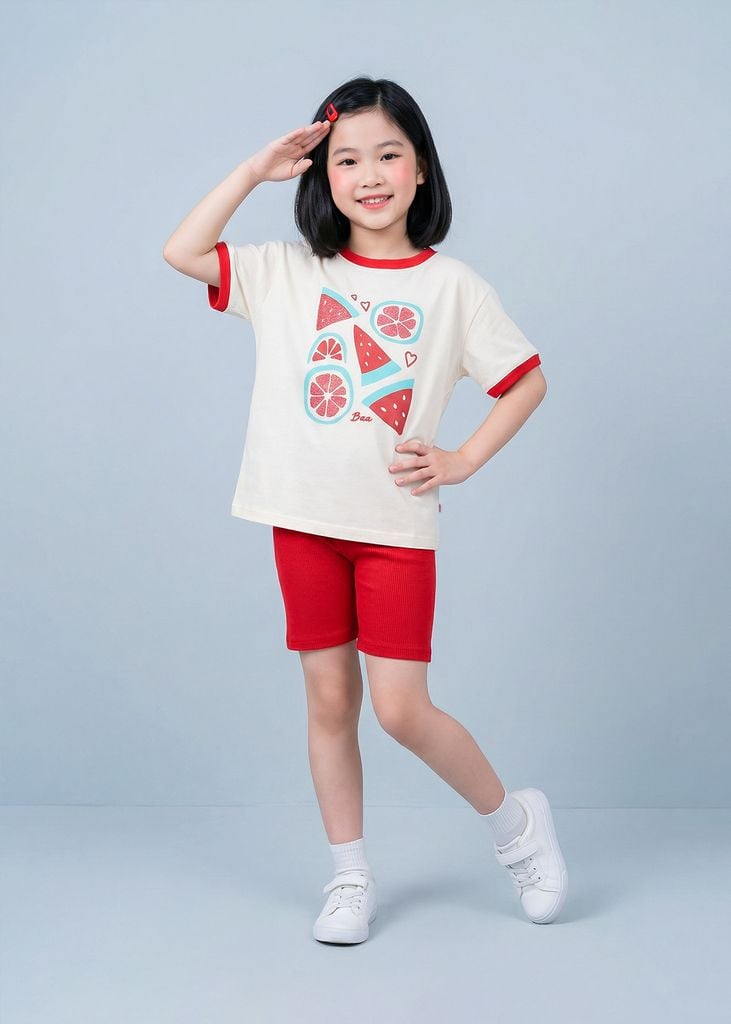 Set Thun Form Rộng Phối Quần Biker Bé Gái Kem Dưa Hấu Phối Đỏ