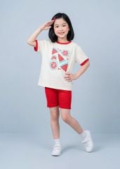 Set Thun Form Rộng Phối Quần Biker Bé Gái Kem Dưa Hấu Phối Đỏ