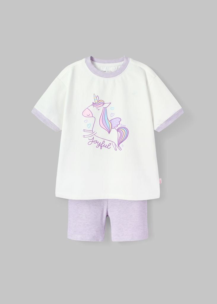 Set Thun Form Rộng Phối Quần Biker Bé Gái Trắng Unicorn