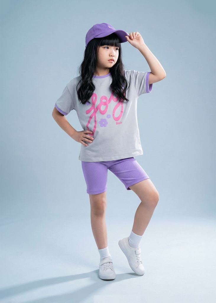 Set Thun Form Rộng Phối Quần Biker Bé Gái Xám Joy Phối Tím