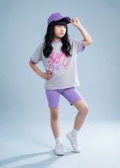 Set Thun Form Rộng Phối Quần Biker Bé Gái Xám Joy Phối Tím