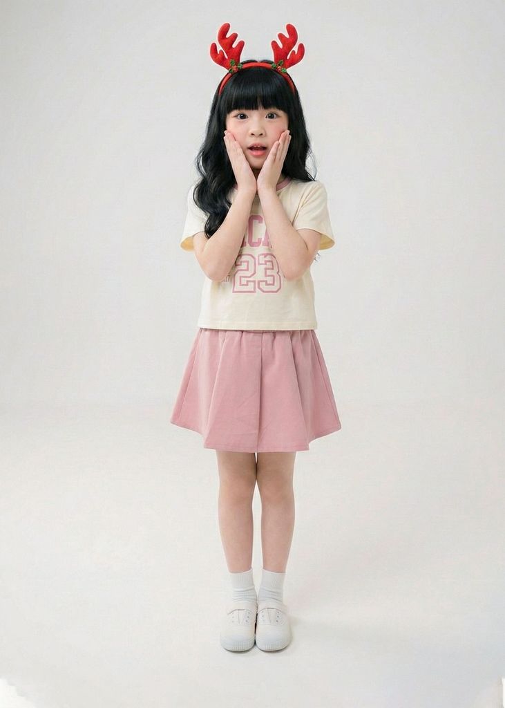 Set Thun Ngắn Tay & Chân Váy Xếp Ly Bé Gái Kem Phối Hồng Chicago