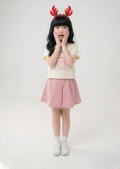 Set Thun Ngắn Tay & Chân Váy Xếp Ly Bé Gái Kem Phối Hồng Chicago